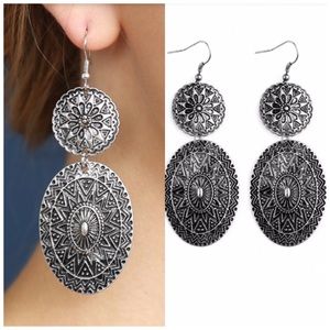 Boho chic mandala silver dangle earrings NWT